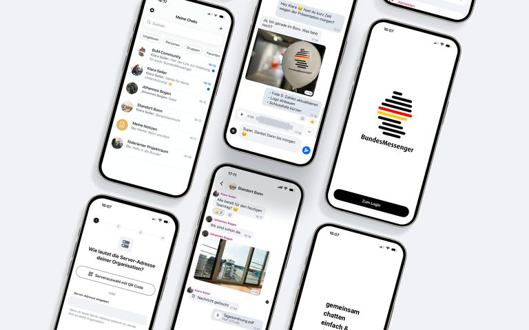 Screenshots des BundesMessenger auf mehreren Smartphones